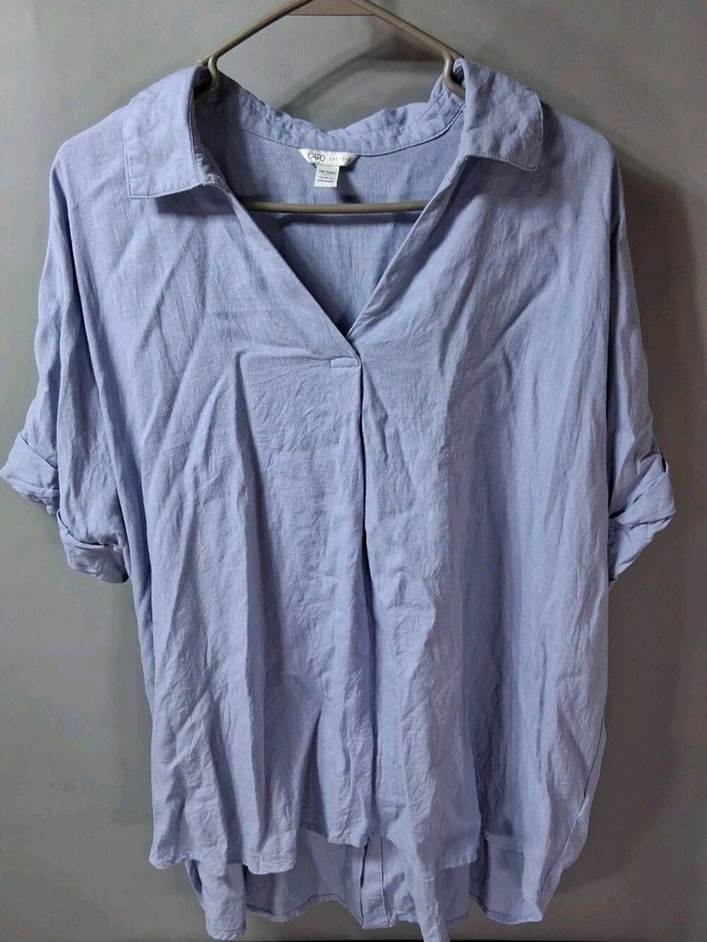 CATO Plus Size 18/20W Blue Linen Blend Button Back Tunic Top Coastal Lagenlook